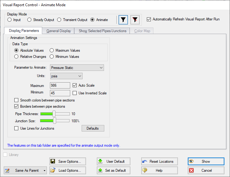 The Visual Report Control window shown for Animate Mode.